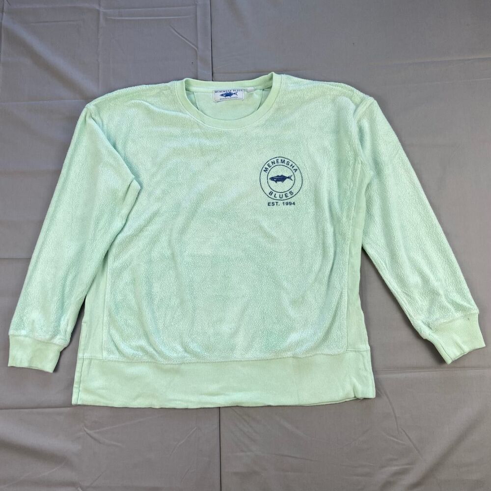 Menemsha Blues M Mint Green Fleece Crewneck Sweatshirt Fish Logo 75 Cotton 25